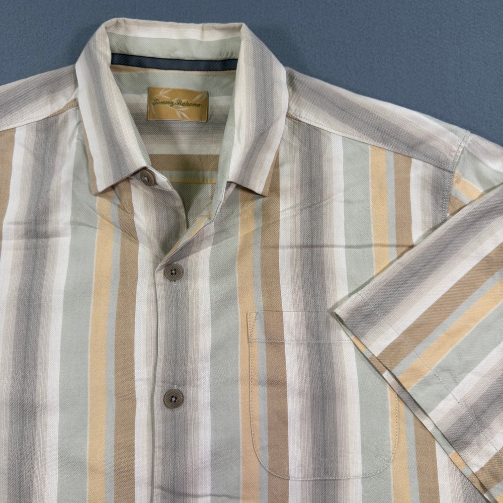 Tommy Bahama Mens Medium Silk Cotton Striped Short Sleeve Button Down Shirt Tan